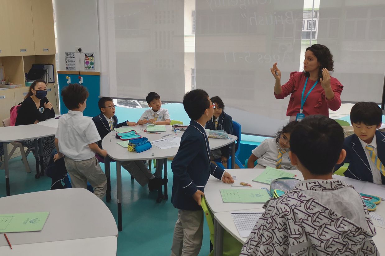 Students and teacher during a lesson in English